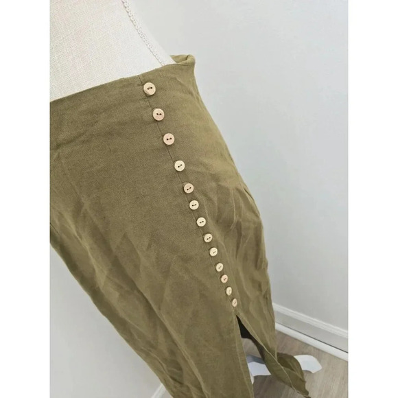 Zara Linen Cotton Blend Slit Faux Button Olive Green Straight Midi Long Skirt M - Picture 5 of 13